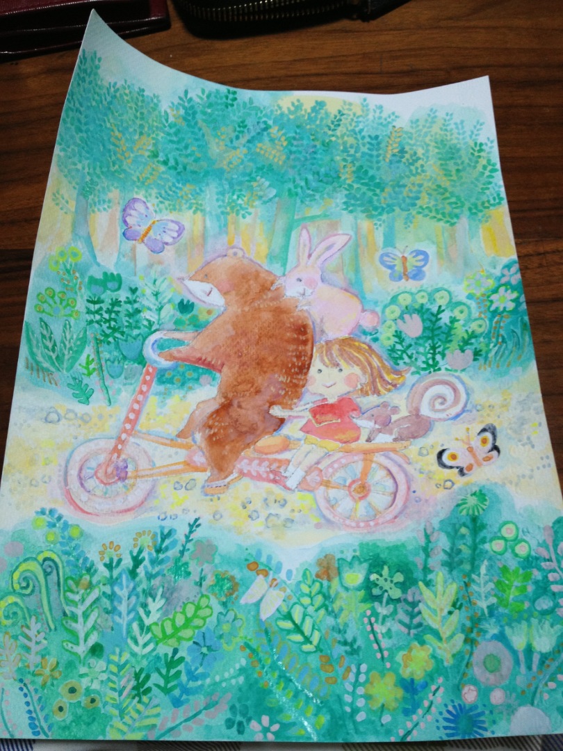 森の道を自転車で走り抜ける女の子と動物たち Tamamura Mariのイラスト制作の日々